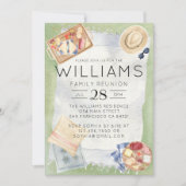 Waterverf familiereünie picknick blauw gingham kaart (Voorkant)