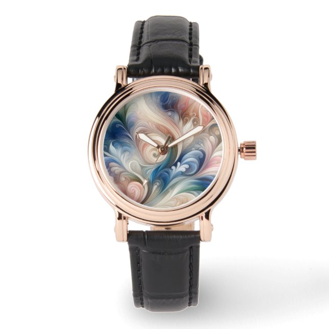 Waterverf Fantasy Floral Pastel Blauw & Crème Horloge (Voorkant)