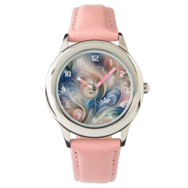 Waterverf Fantasy Floral Pastel Blauw & Crème Horloge (Voorkant)