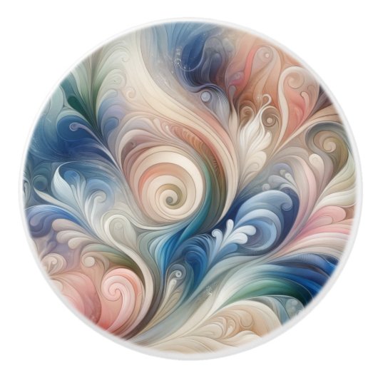 Waterverf Fantasy Floral Pastel Blauw & Crème Keramische Knop (Voorkant)