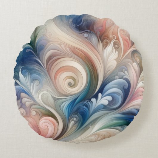 Waterverf Fantasy Floral Pastel Blauw & Crème Rond Kussen (Voorkant)
