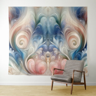 Waterverf Fantasy Floral Pastel Blauw & Crème Wandkleed