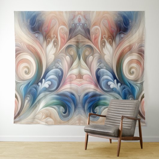 Waterverf Fantasy Floral Pastel Blauw & Crème Wandkleed (In Situ (horizontaal))