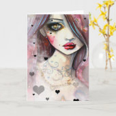 Waterverf Fantasy Kunst Meisje en harten Kaart (Gele Bloem)