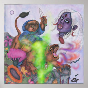 Waterverf Fantasy Liefde Eros rijden Leeuwin Leeuw Poster