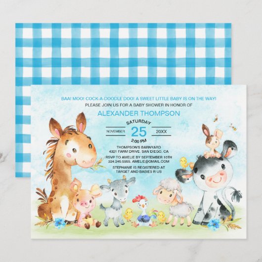 Waterverf Farm Animals Boy Baby shower Kaart (Voorkant / Achterkant)