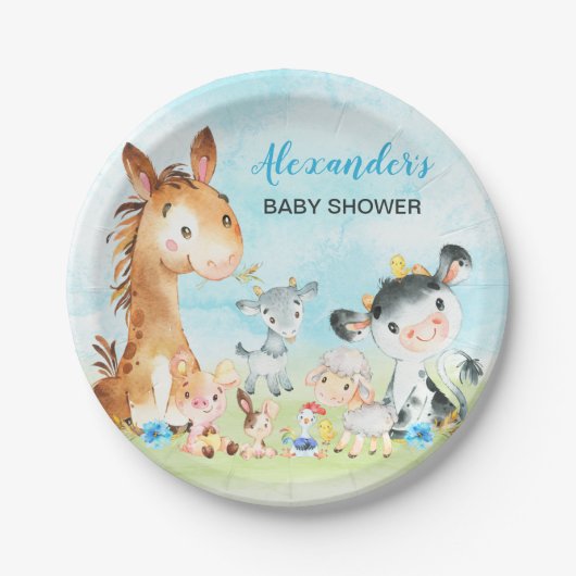 Waterverf Farm Animals Boy Baby shower Papieren Bordje (Voorkant)