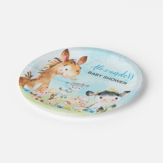 Waterverf Farm Animals Boy Baby shower Papieren Bordje (Gekanteld)