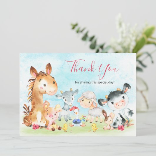 Waterverf Farm Animals Girl Bedankkaart (Staand voorkant)