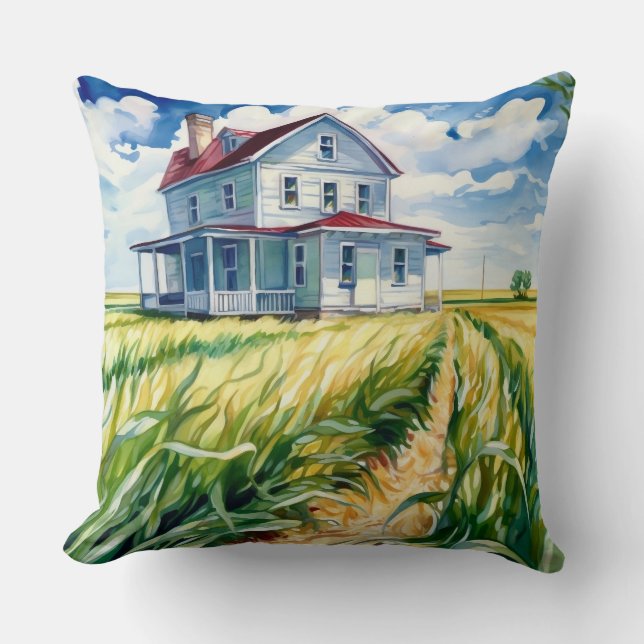 Waterverf Farmhouse en Corn Field Kussen (Voorkant)