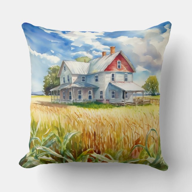 Waterverf Farmhouse en Corn Field Kussen (Voorkant)