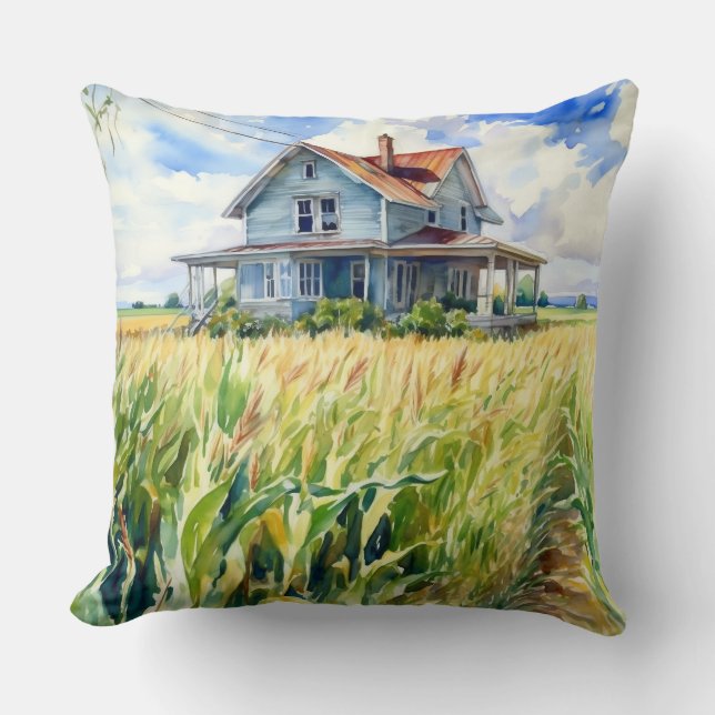 Waterverf Farmhouse en Corn Field Kussen (Voorkant)