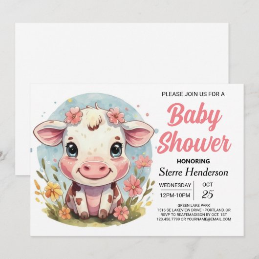 Waterverf Farmyard Modern Koe Baby shower Kaart (Voorkant / Achterkant)