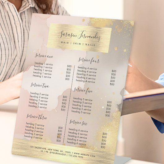 Waterverf Faux Gold Folie Prijslijst Zwart Blush Reclamebord Met Voetstuk