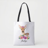 Waterverf Fawn with Floral Crown Personalized Tote Bag (Voorkant)