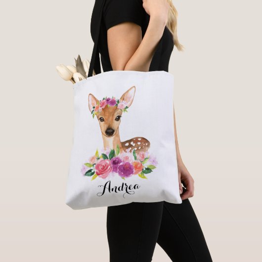 Waterverf Fawn with Floral Crown Personalized Tote Bag (Dichtbij)