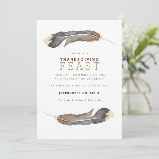 Waterverf Feather Duo Thanksgiving Feest uitnodige Kaart (Staand voorkant)