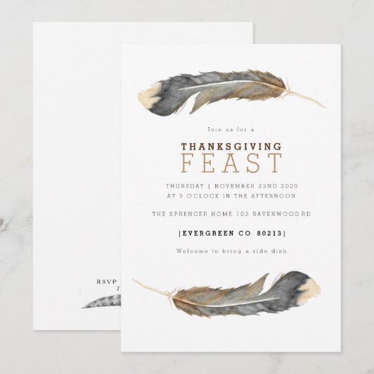 Waterverf Feather Duo Thanksgiving Feest uitnodige Kaart (Voorkant / Achterkant)