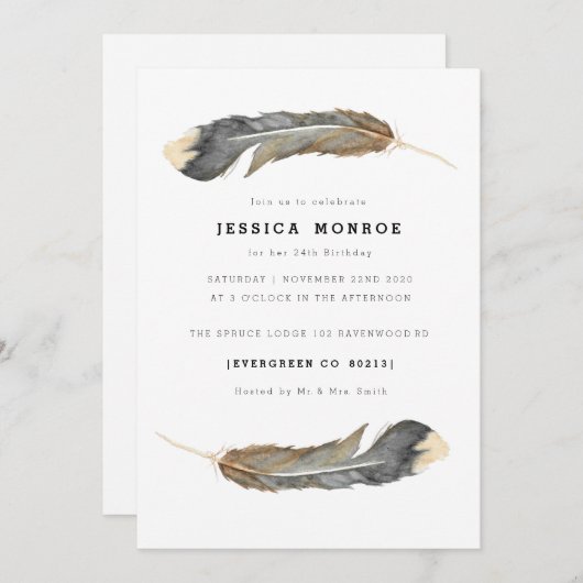 Waterverf Feather Duo Verjaardag Kaart (Voorkant / Achterkant)