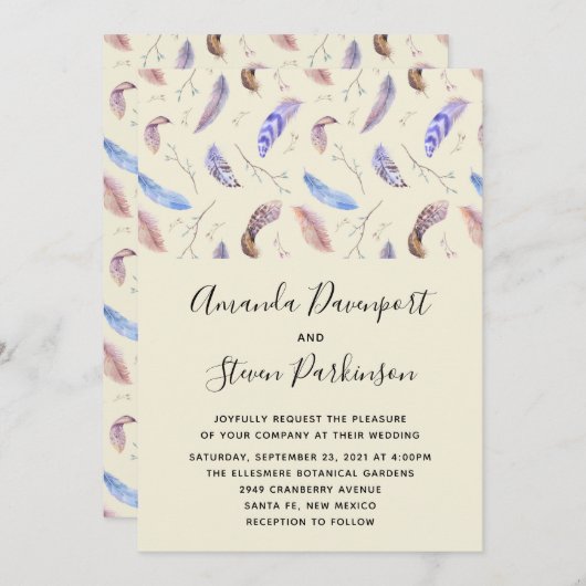 Waterverf Feathers and Leaves Wedding Kaart (Voorkant / Achterkant)