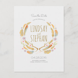 Waterverf Feathers Boho Antlers Save the Date Aankondigingskaart