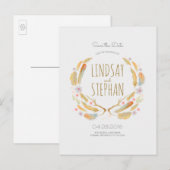 Waterverf Feathers Boho Antlers Save the Date Aankondigingskaart (Voorkant / Achterkant)