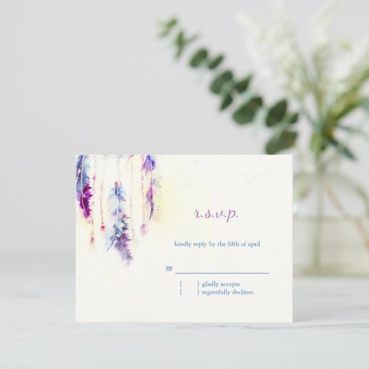 Waterverf Feathers Boho Wedding RSVP (Staand voorkant)