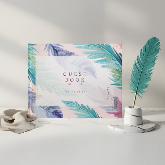 Waterverf Feathers Chic Bohemian Girl Baby shower Gastenboek