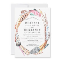 Waterverf Feathers Rustic Bohemian Wedding Invite