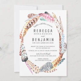 Waterverf Feathers Rustic Bohemian Wedding Invite Kaart