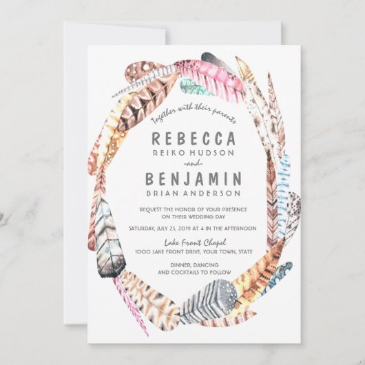 Waterverf Feathers Rustic Bohemian Wedding Invite Kaart (Voorkant)