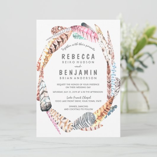 Waterverf Feathers Rustic Bohemian Wedding Invite Kaart (Staand voorkant)