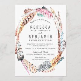 Waterverf Feathers Rustic Bohemian Wedding Invite Kaart