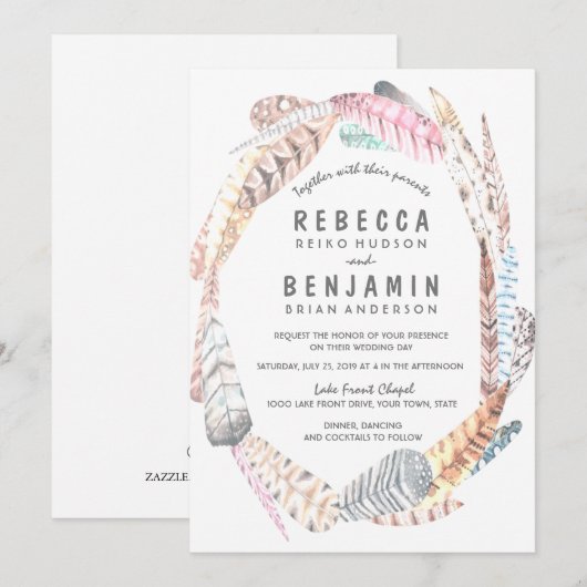 Waterverf Feathers Rustic Bohemian Wedding Invite Kaart (Voorkant / Achterkant)