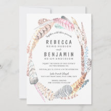 Waterverf Feathers Rustic Bohemian Wedding Invite