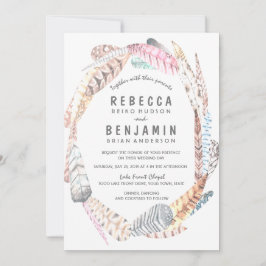 Waterverf Feathers Rustic Bohemian Wedding Invite Kaart
