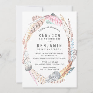 Waterverf Feathers Rustic Bohemian Wedding Invite Kaart