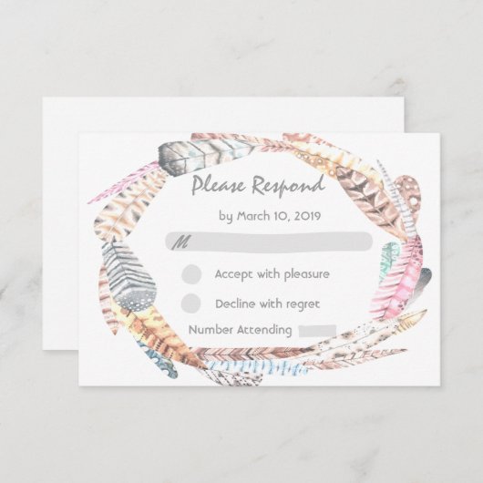 Waterverf Feathers Rustic Bohemian Wedding RSVP (Voorkant / Achterkant)