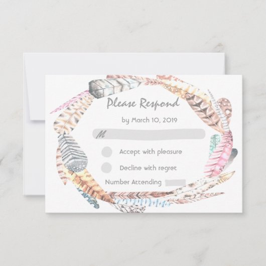 Waterverf Feathers Rustic Bohemian Wedding RSVP Kaartje (Voorkant)