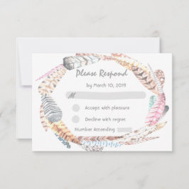 Waterverf Feathers Rustic Bohemian Wedding RSVP Kaartje
