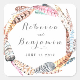 Waterverf Feathers Rustic Bohemian Wedding Vierkante Sticker