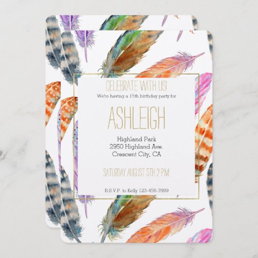 Waterverf Feathers Verjaardag Kaart (Voorkant / Achterkant)