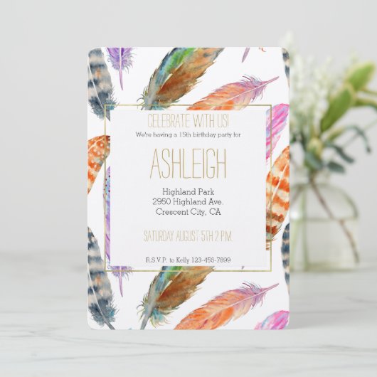 Waterverf Feathers Verjaardag Kaart (Staand voorkant)