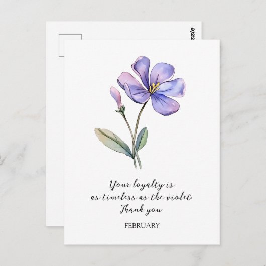 WATERVERF FEBRUARI VIOLETTE GEBOORTEBLOEM DANK U BRIEFKAART (Voorkant / Achterkant)