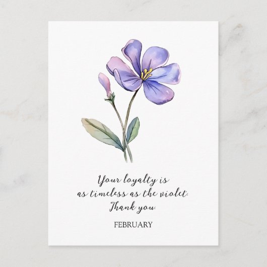 WATERVERF FEBRUARI VIOLETTE GEBOORTEBLOEM DANK U BRIEFKAART (Voorkant)