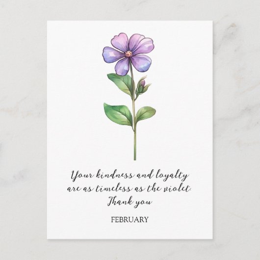 WATERVERF FEBRUARI VIOLETTE GEBOORTEBLOEM DANK U BRIEFKAART (Voorkant)