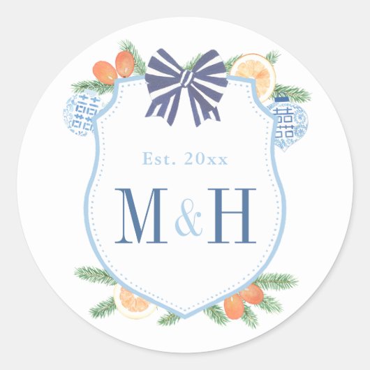 Waterverf Feestdagen Citrus Couples Monogram Favor Ronde Sticker (Voorkant)