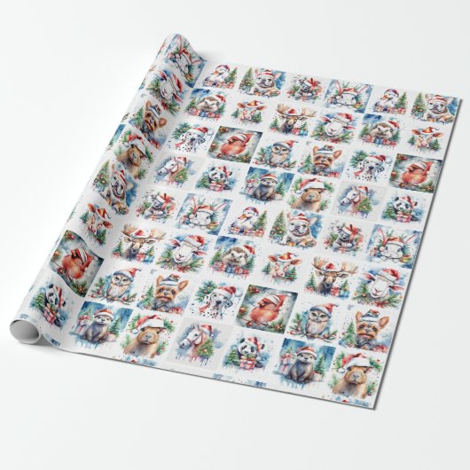 Waterverf Feestdieren Kerst Cadeaupapier (Uitgerold)