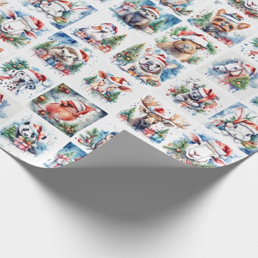 Waterverf Feestdieren Kerst Cadeaupapier (Hoek)
