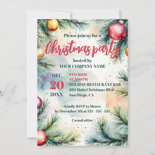 Waterverf Feestelijke Corporate Christmas Party Kaart (Voorkant)